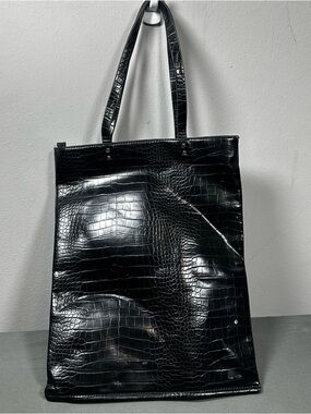 Zara Black Croc Embossed Tote Bag Mock Crocodile Shopper Handbag Tall Structured